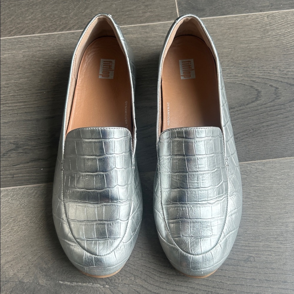 Fitflop Lena Croc-Embossed Silver Metallic Leather Loafer Flat Size 8 Comfort - Picture 6 of 16
